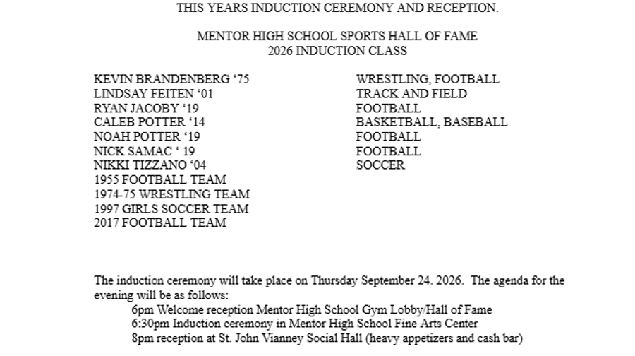 MENTOR HIGH SCHOOL SPORTS HALL OF FAME